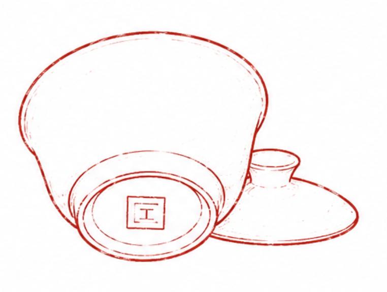A gaiwan and lid drawn in red ink, with the Backstamp maker’s mark on its base