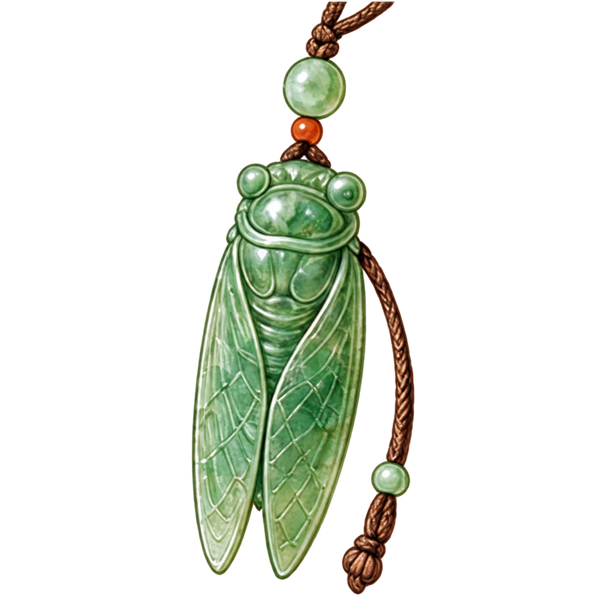 A carved translucent green jade cicada pendant.